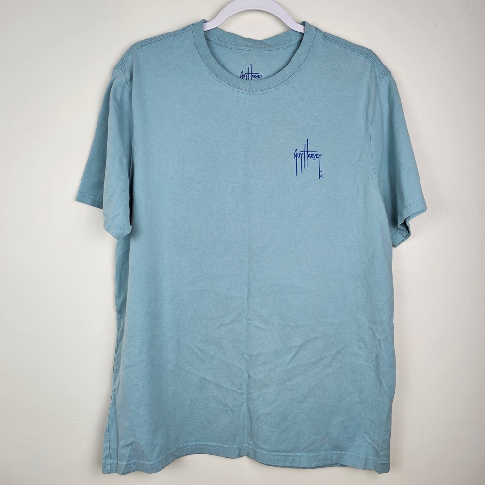 Guy Harvey T-Shirt Mens L Blue Marlin Sunset Palm Trees Graphic Short Sleeve